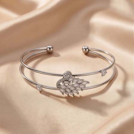 Picture of Wholesale Swan Clear Rhinestone Brass Open Cuff Bangles Bracelets, Platinum Plated Women's Stylish Exquisite Gift Jewelry Supply, 6cm Dia., 1 Piece