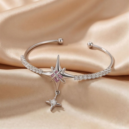 Picture of Wholesale Star Pink & Clear Rhinestone Brass Open Cuff Bangles Bracelets, Platinum Plated Women's Stylish Exquisite Gift Jewelry Supply, 6cm Dia., 1 Piece
