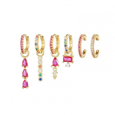 Immagine di Elegante Elegante Set di Orecchini All'Ingrosso, Goccia Geometria Multicolore Circonio Cubico Placcato Oro 18K Ottone, Donne Regalo Fornitura di Gioielli, 1 Serie ( 6 Pz/Serie)