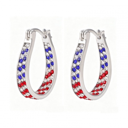 Immagine di Festa dell'Indipendenza Americana Elegante Orecchini Circolari All'Ingrosso, Rosso & Blu Circonio Cubico Platino Placcato Ottone, Donne Regalo Fornitura di Gioielli, 24mm Dia., 1 Paio