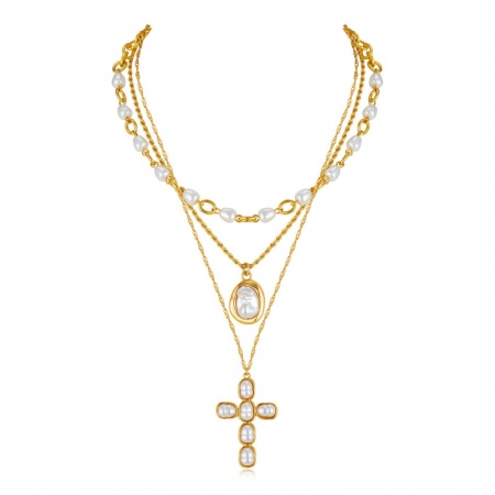 Immagine di Croce Set di Collane a Strati Sovrapponibili All'Ingrosso, Placcato Oro 18K Ottone Donne Squisito Elegante Regalo Gioielli Per Rivenditore, 1 Serie ( 3 Pz/Serie)