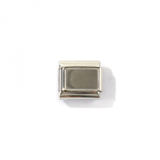Picture of 10 PCs 304 Stainless Steel Custom Personalized Italian Charm Links For DIY Modular Bracelet Watch Jewelry Making Wholesale Silver Tone Rectangle Cabochon Settings 10mm x 9mm