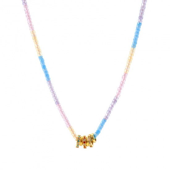 卸売り 環状 多色 クリアジルコン ペンダントネックレス、 18Kリアルゴールドメッキ 真鍮 & ガラス ビーズチェーン、 エコフレンドリー 素敵 ファッション おしゃれ プレゼント小売宝飾 40cm + 5cm長さ、 1 本 の画像