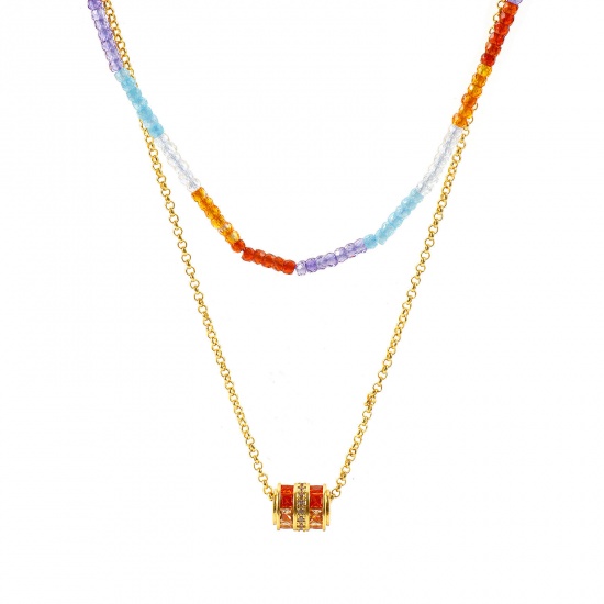 卸売り 円筒形 多色 橙赤色ジルコン レイヤードネックレス、 18Kリアルゴールドメッキ 真鍮 & ガラス ビーズチェーン、 エコフレンドリー 素敵 ファッション おしゃれ プレゼント小売宝飾 40cm + 5cm長さ、 1 本 の画像