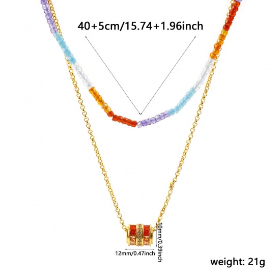 卸売り 円筒形 多色 橙赤色ジルコン レイヤードネックレス、 18Kリアルゴールドメッキ 真鍮 & ガラス ビーズチェーン、 エコフレンドリー 素敵 ファッション おしゃれ プレゼント小売宝飾 40cm + 5cm長さ、 1 本 の画像