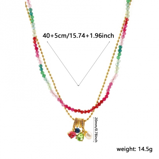 卸売り 幾何学 天然パール 多色ジルコン レイヤードネックレス、 18Kリアルゴールドメッキ 真鍮 & ガラス ビーズチェーン、 エコフレンドリー 素敵 ファッション おしゃれ プレゼント小売宝飾 40cm + 5cm長さ、 1 本 の画像