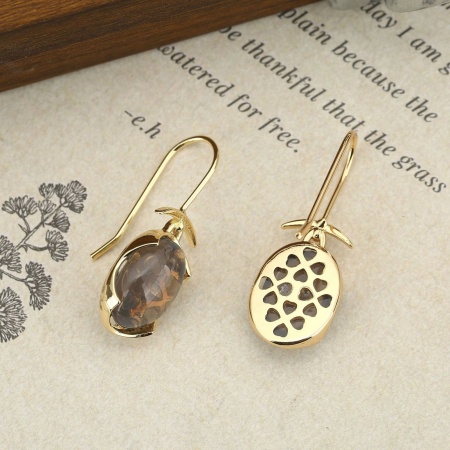 Picture of Wholesale Boho Chic Bohemia Stylish Earrings, Oval Gray With Resin Cabochons 18K Gold Plated Brass, Women's Gift Jewelry Supply, 3.3cm x 1.2cm, 1 Pair