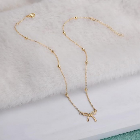 Picture of Wholesale Bowknot Pendant Charm Necklace, 18K Gold Plated 304 Stainless Steel Link Cable Chain, Women's Cute Stylish Gift Jewelry For Retailer, 45cm(17.7") + 5cm(2") long, 1 Piece
