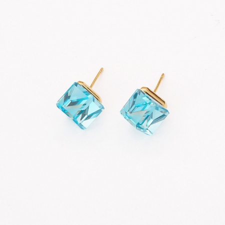 Picture of Wholesale Simple Stylish Ear Post Stud Earrings, Cube Blue Brass & Glass, Women's Gift Jewelry Supply, 12mm x 10mm, 1 Pair