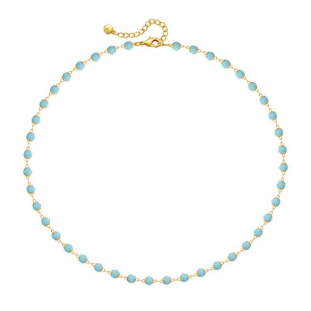 Picture of Wholesale Blue Necklace, 18K Gold Plated Brass & Crystal, Women's Simple Stylish Gift Jewelry For Retailer, 39cm(15.4") + 6cm(2.4") long, 1 Piece