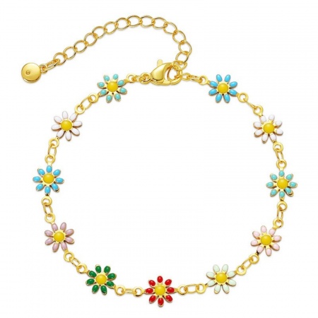 Picture of Wholesale Flower Multicolor Enamel Brass Bracelets, 18K Gold Plated Women's Ethnic Retro Gift Jewelry Supply, 17cm(6.7") + 5cm(2") long, 1 Piece