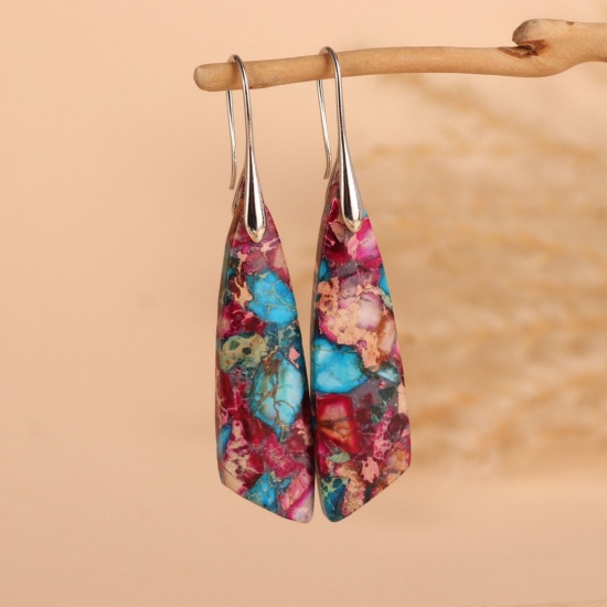 Image de Boucles d'Oreilles En Gros Argent Mat en Pierre & Laiton, Ethnique Vintage Goutte d'Eau aux Femmes Cadeau Fournitures de Bijoux 6.5cm, 1 Paire