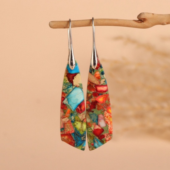 Image de Boucles d'Oreilles En Gros Argent Mat en Pierre & Laiton, Ethnique Vintage Goutte d'Eau aux Femmes Cadeau Fournitures de Bijoux 6.5cm, 1 Paire