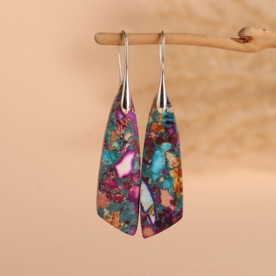 Image de Boucles d'Oreilles En Gros Argent Mat en Pierre & Laiton, Ethnique Vintage Goutte d'Eau aux Femmes Cadeau Fournitures de Bijoux 6.5cm, 1 Paire