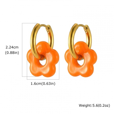 Picture of Wholesale Stylish Sweet & Cute Hoop Earrings, Flower Orange 18K Gold Plated Brass & Resin, Women's Gift Jewelry Supply, 22.4mm x 16mm, 1 Pair