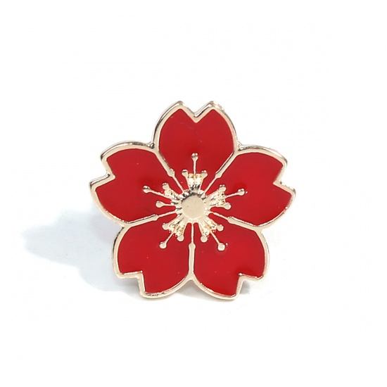 Picture of Pin Brooches Flower Gold Plated Red Enamel 18mm x 17mm, 1 Piece