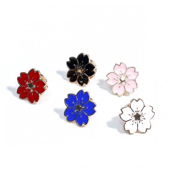 Picture of Pin Brooches Flower Gold Plated Red Enamel 18mm x 17mm, 1 Piece