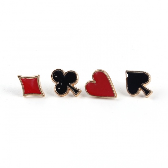 Picture of Pin Brooches Plum Blossom Heart Gold Plated Black & Red Enamel 13mm x 10mm - 12mm x 11mm, 1 Set ( 4 PCs/Set)