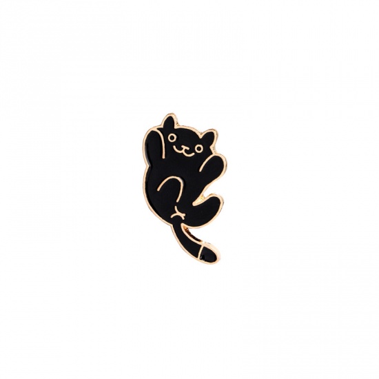 Picture of Pin Brooches Cat Animal Gold Plated Black Enamel 25mm x 17mm, 1 Piece