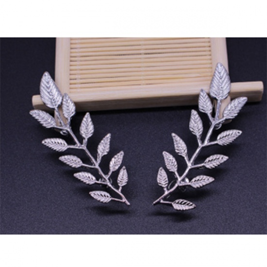 Picture of Pin Brooches Leaf Silver Tone 6.5cm x 2.2cm, 1 Pair