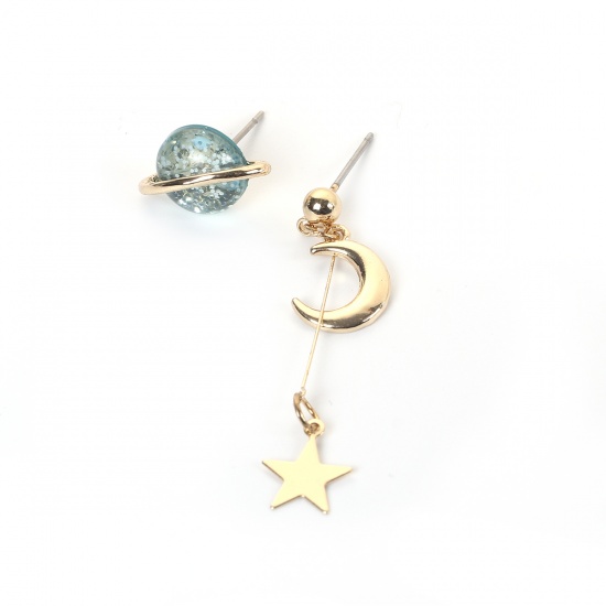 Picture of Earrings Gold Plated Blue Planet Moon Glitter 4.5cm x 1cm 1.6cm x 1cm, Post/ Wire Size: (21 gauge), 1 Pair