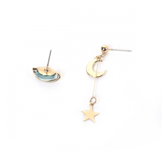 Picture of Earrings Gold Plated Blue Planet Moon Glitter 4.5cm x 1cm 1.6cm x 1cm, Post/ Wire Size: (21 gauge), 1 Pair