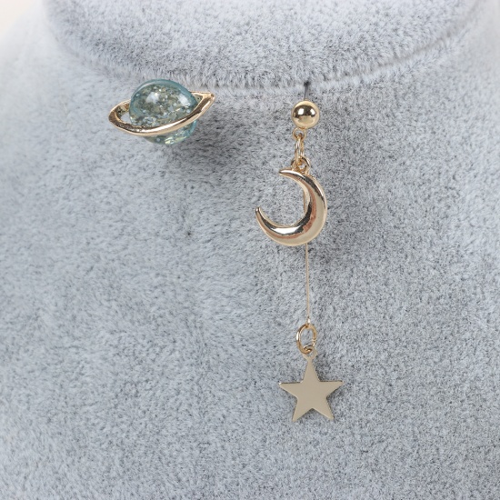 Picture of Earrings Gold Plated Blue Planet Moon Glitter 4.5cm x 1cm 1.6cm x 1cm, Post/ Wire Size: (21 gauge), 1 Pair