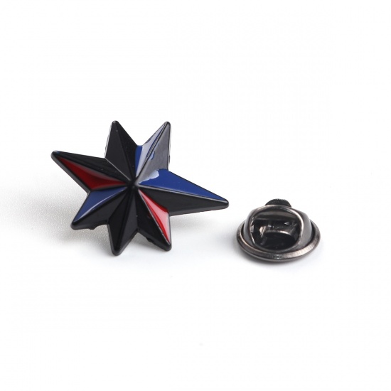 Picture of Retro Pin Brooches Star Gunmetal Red & Blue Enamel 25mm x 20mm, 2 PCs