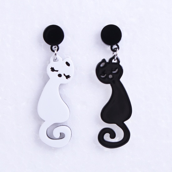 Image de Boucles d'Oreilles Noir & Blanc Chat 6.5cm x 1.7cm, Epaisseur de Fil: (21 gauge), 1 Paire