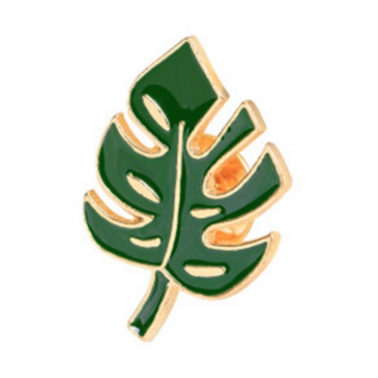 Picture of Pin Brooches Leaf Gold Plated Green Enamel 26mm x 17mm, 1 Piece
