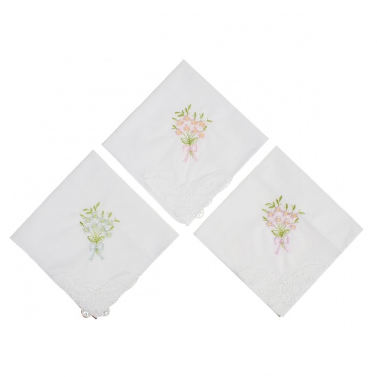 Immagine di Cotton Embroidery Handkerchief  Square Flower Mixed Color 27.5cm x 27.5cm, 3 PCs