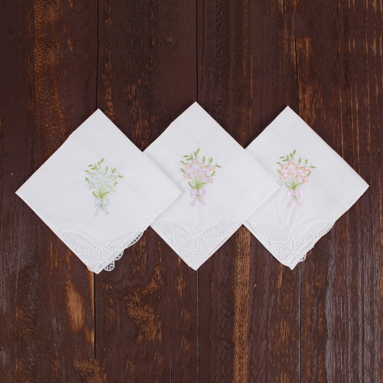 Immagine di Cotton Embroidery Handkerchief  Square Flower Mixed Color 27.5cm x 27.5cm, 3 PCs