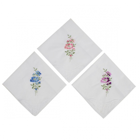 Immagine di Cotton Embroidery Handkerchief  Square Flower Mixed Color 27.5cm x 27.5cm, 3 PCs