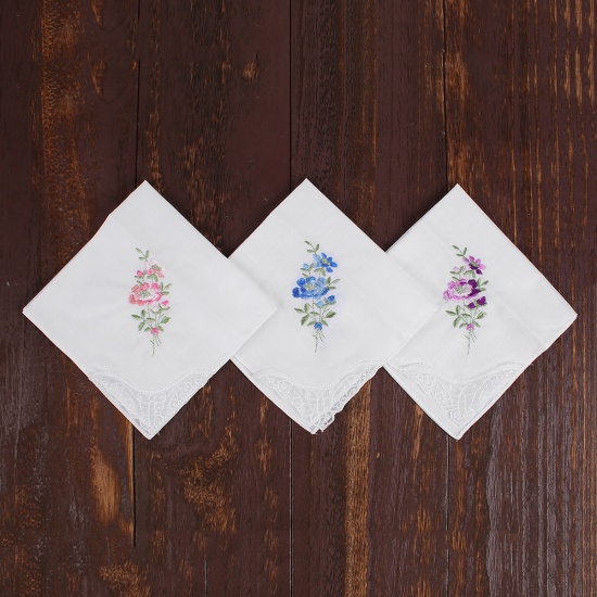 Immagine di Cotton Embroidery Handkerchief  Square Flower Mixed Color 27.5cm x 27.5cm, 3 PCs