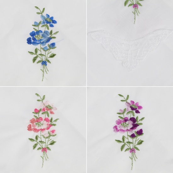 Immagine di Cotton Embroidery Handkerchief  Square Flower Mixed Color 27.5cm x 27.5cm, 3 PCs