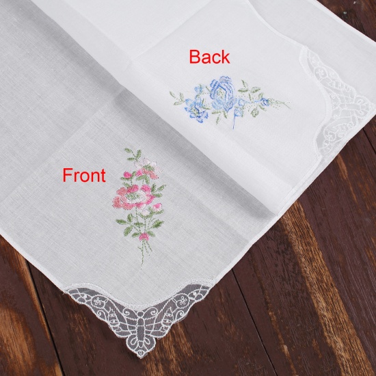 Immagine di Cotton Embroidery Handkerchief  Square Flower Mixed Color 27.5cm x 27.5cm, 3 PCs