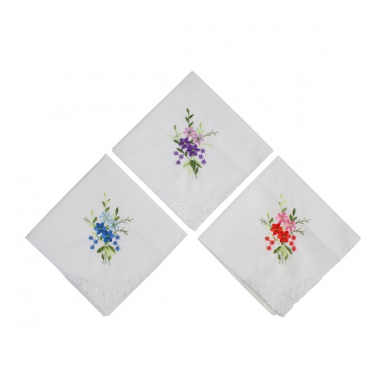 Immagine di Cotton Embroidery Handkerchief  Square Flower Mixed Color 27.5cm x 27.5cm, 3 PCs