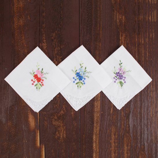 Immagine di Cotton Embroidery Handkerchief  Square Flower Mixed Color 27.5cm x 27.5cm, 3 PCs