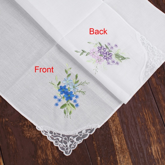 Immagine di Cotton Embroidery Handkerchief  Square Flower Mixed Color 27.5cm x 27.5cm, 3 PCs