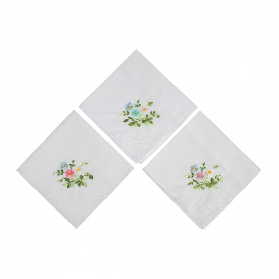 Immagine di Cotton Embroidery Handkerchief  Square Flower Mixed Color 27.5cm x 27.5cm, 3 PCs