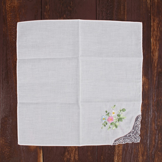 Immagine di Cotton Embroidery Handkerchief  Square Flower Mixed Color 27.5cm x 27.5cm, 3 PCs