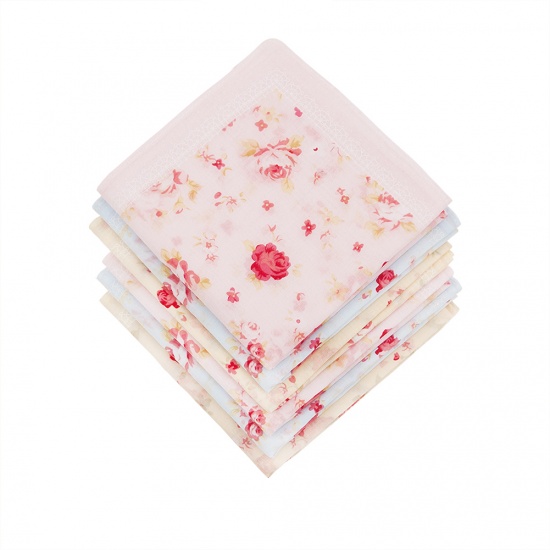 Picture of Cotton Handkerchief  Square Flower Mixed Color 45cm x 45cm, 6 PCs