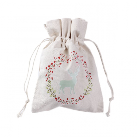 Picture of Canvas Drawstring Bags Multicolor Rectangle Christmas Reindeer 22.5cm x 16cm, 1 Piece