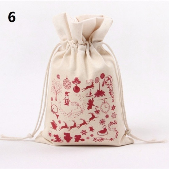 キャンバス生地 ドローストリングバッグ 多色 長方形 クリスマス トナカイ 22.5cmx 16cm、 1 個 の画像