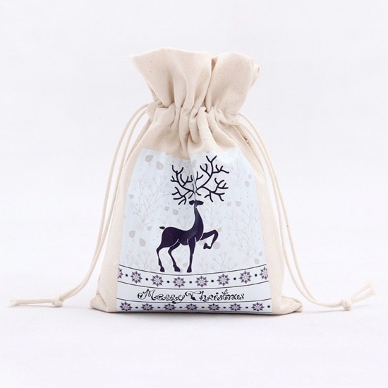 Picture of Canvas Drawstring Bags Light Steel Gray Rectangle Christmas Reindeer 23.5cm x 16cm, 1 Piece
