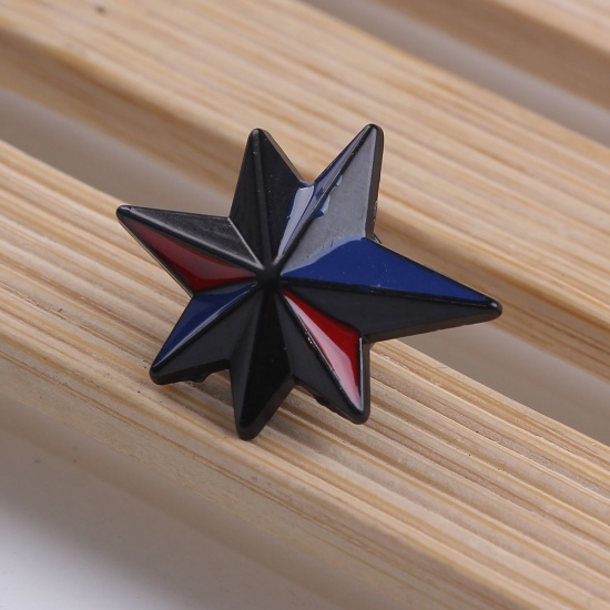 Picture of Retro Pin Brooches Star Gunmetal Red & Blue Enamel 25mm x 20mm, 2 PCs