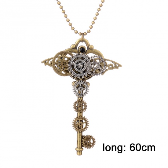 Picture of Steampunk Sweater Necklace Long Antique Bronze Antique Silver Color Key Gear 72cm(28 3/8") long, 1 Piece