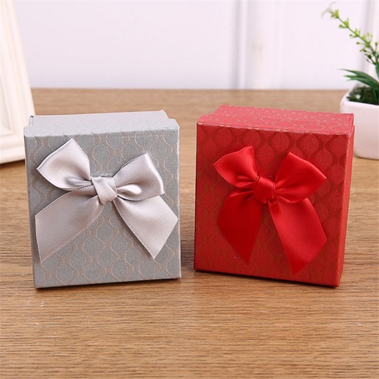 Picture of Paper Jewelry Gift Box Rectangle Pink Bowknot Pattern 9cm x 8.5cm x 5.5cm , 1 Piece