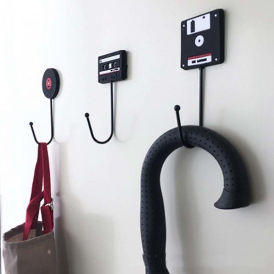 Picture of Iron Based Alloy Wall Hook For Clothes Coat Robe Purse Hat Hanger Black Cassette Tape 12.8cm x 4.8cm, 1 Piece