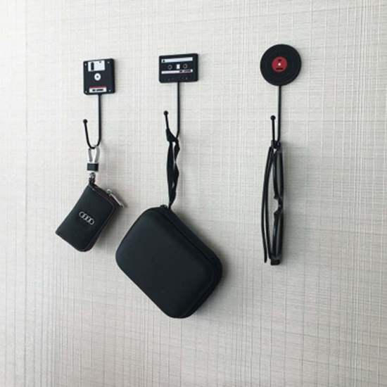 Picture of Iron Based Alloy Wall Hook For Clothes Coat Robe Purse Hat Hanger Black Cassette Tape 12.8cm x 4.8cm, 1 Piece